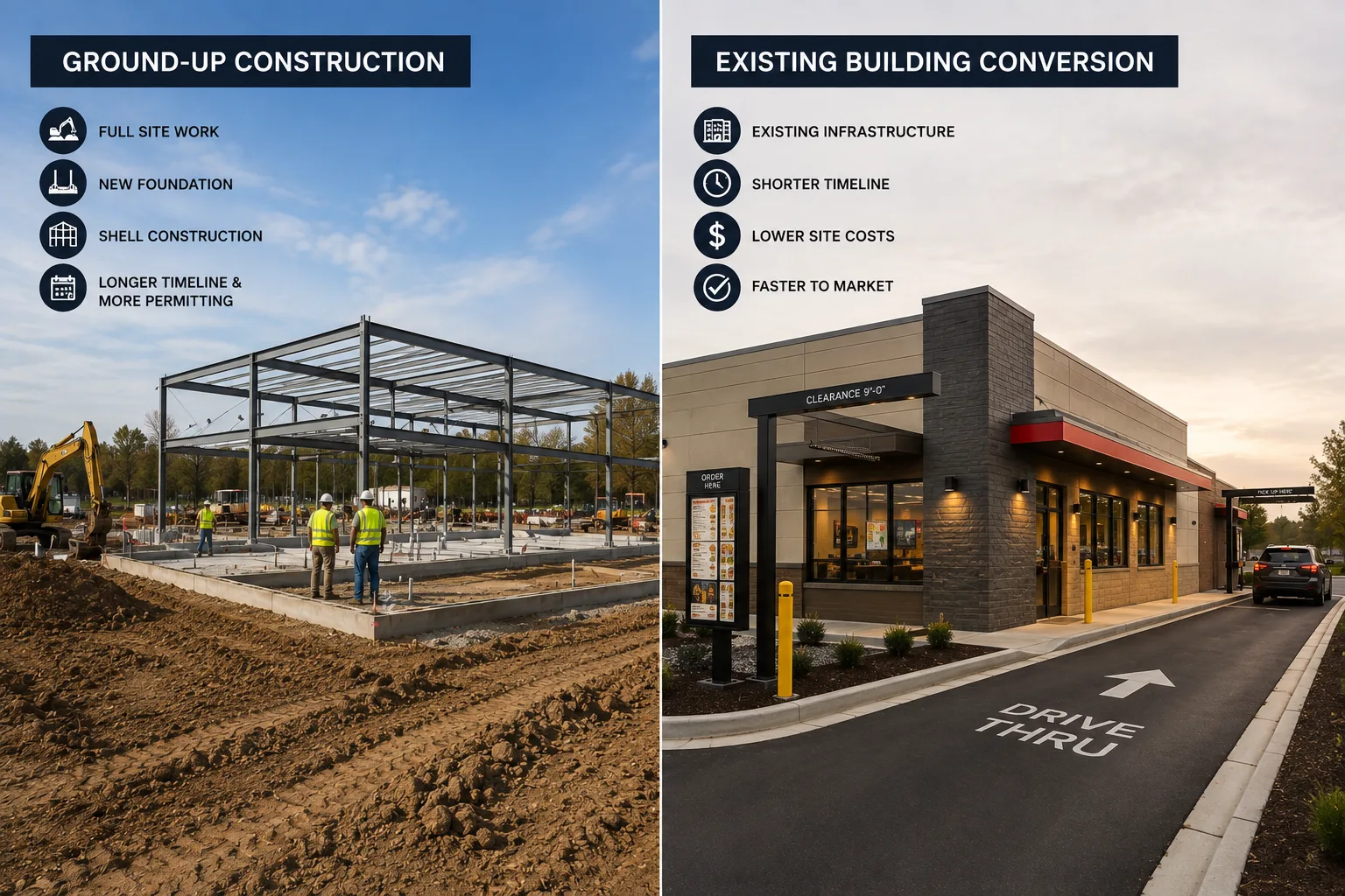 Side-by-side comparison of ground-up QSR construction versus converting an existing building