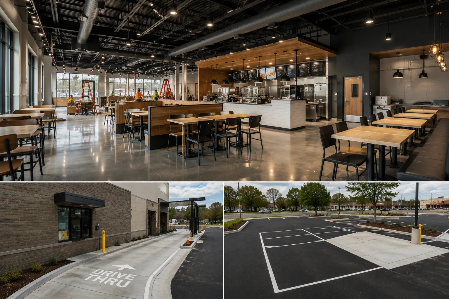 QSR value-optimization material choices: exposed-ceiling dining room with polished concrete floors, a concrete drive-thru lane, and an asphalt parking field with concrete pads