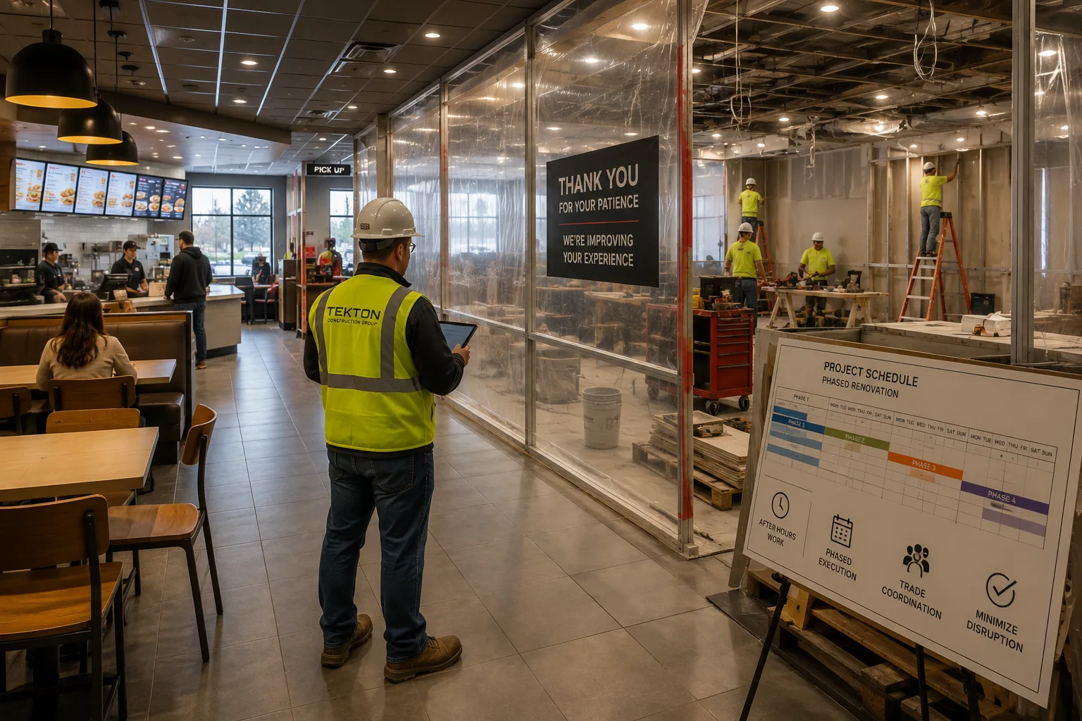 QSR dining room open to customers during a phased renovation, with work continuing behind a sealed containment wall and a posted phase schedule